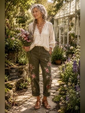 Pilcro Anthropologie Embroidered Utilty Pants Moss Green Floral Size  29 🪷💮🌺